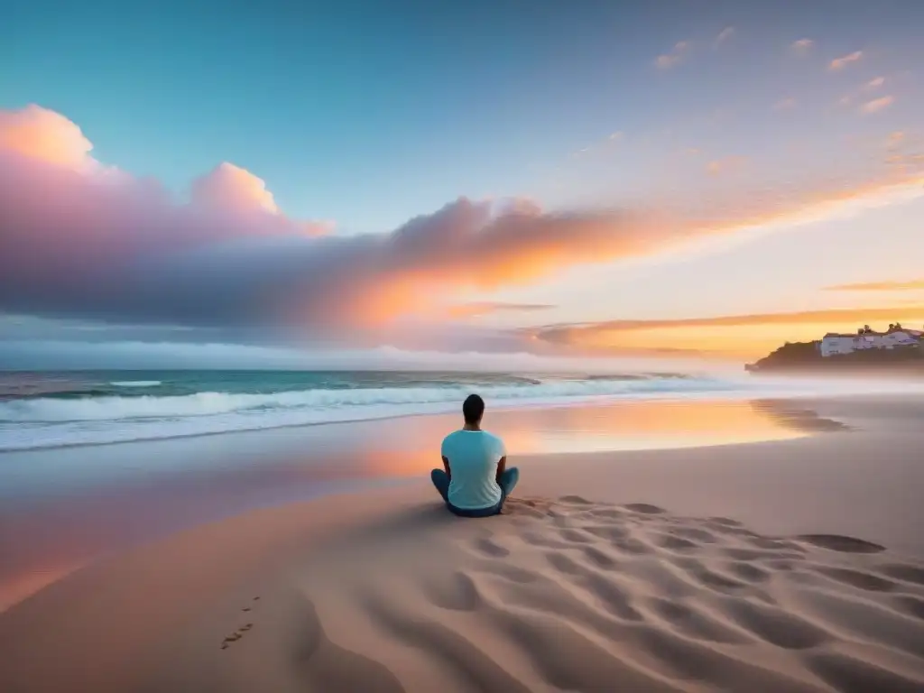 Persona meditando en la playa de Uruguay al atardecer, rodeada de paz y tranquilidad