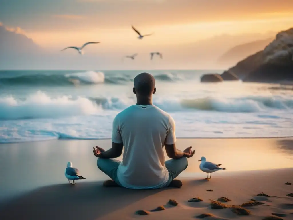 Persona meditando en la playa al atardecer, rodeada de olas y gaviotas