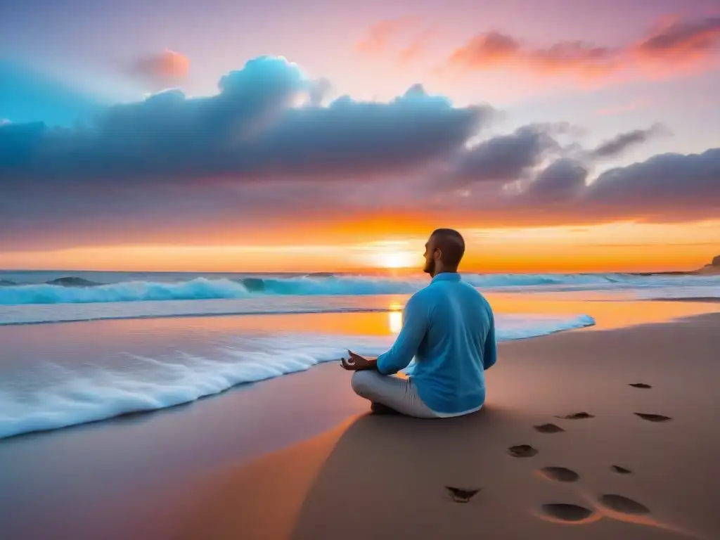 Persona meditando en una playa de Uruguay al atardecer, rodeada de paz y serenidad