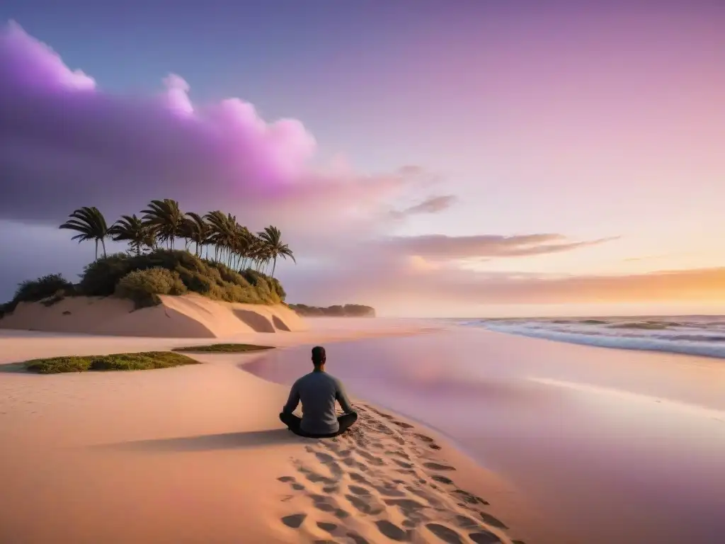 Persona meditando en una playa de Uruguay al atardecer, rodeada de paz y belleza