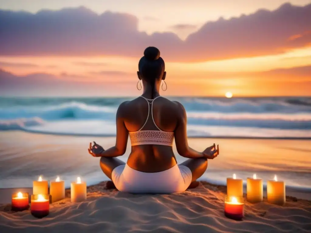 Persona meditando en la playa al atardecer, rodeada de velas, en armonía con el mar