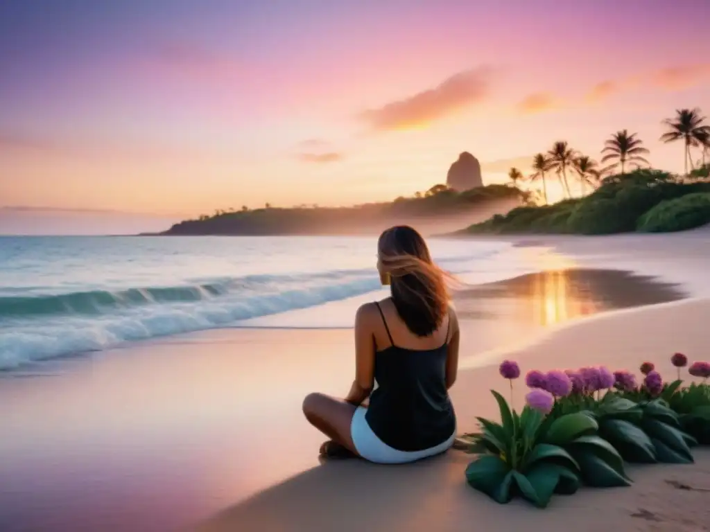 Persona meditando en playa uruguaya al atardecer, rodeada de naturaleza exuberante y flores coloridas