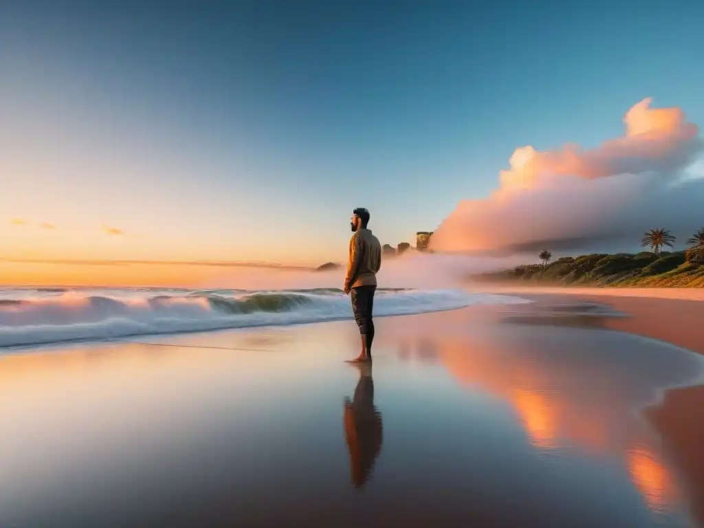 Persona meditando en una playa en Uruguay al atardecer, con tecnología wearable y bienestar personal