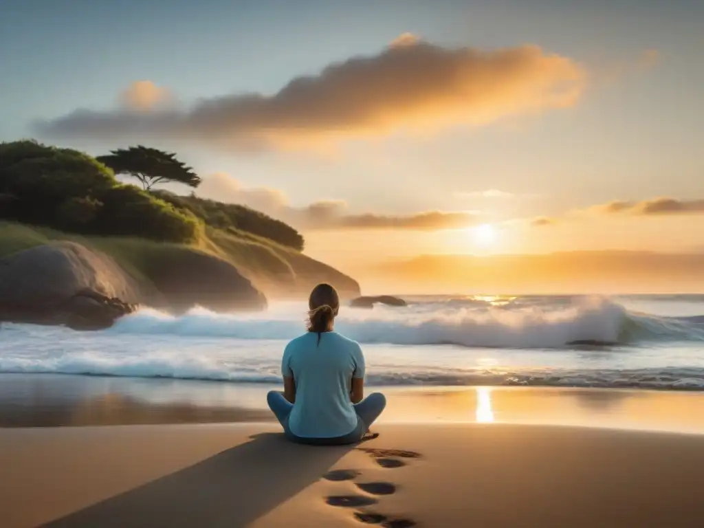 Persona practicando mindfulness en playa de Uruguay al atardecer