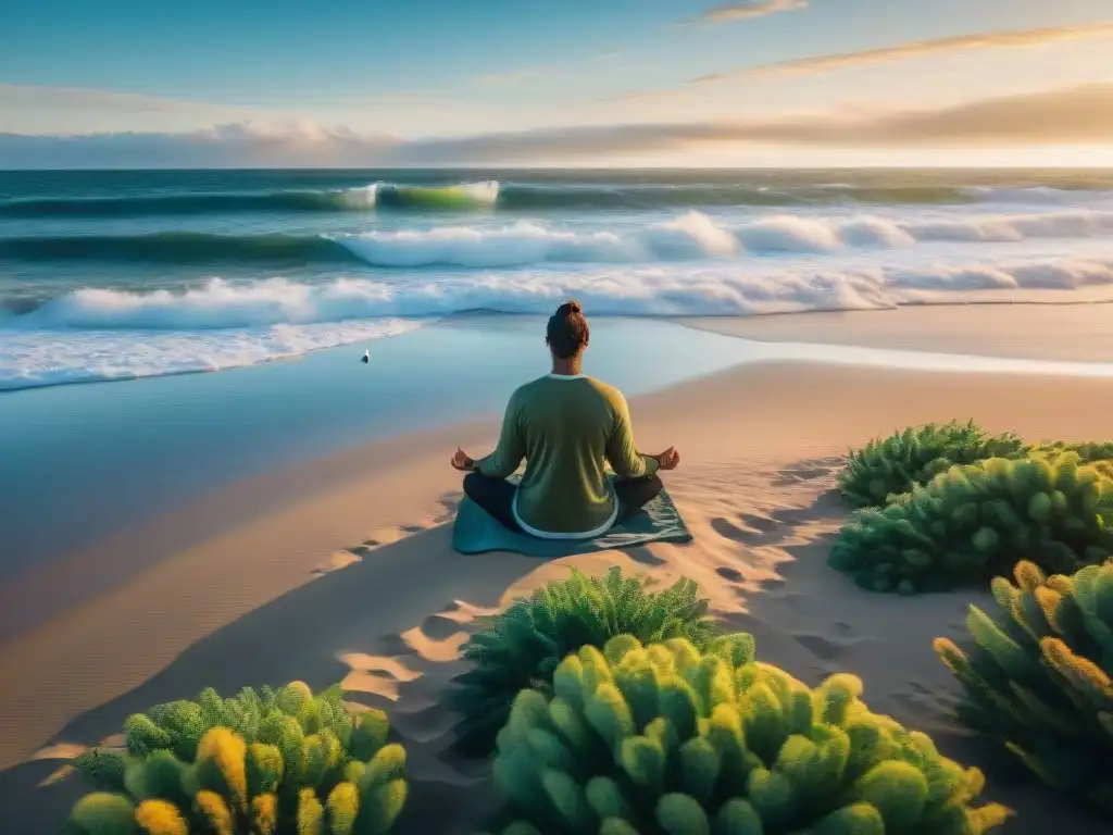 Persona meditando en la playa de Uruguay al amanecer, transmitiendo calma y bienestar