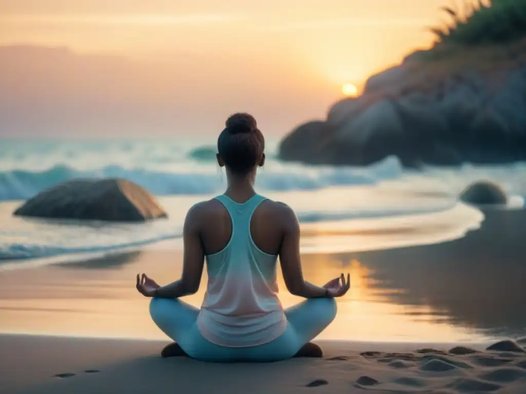 Persona meditando en la playa al amanecer, reflejando calma y tranquilidad