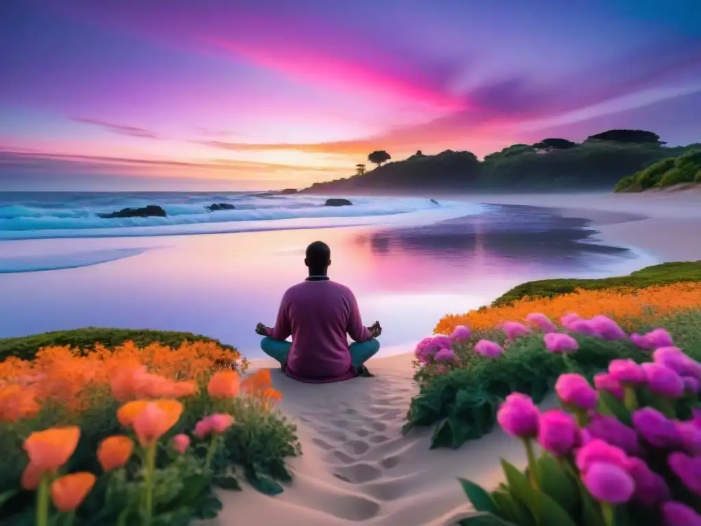 Persona meditando al amanecer en una playa de Uruguay, reflejos de colores vibrantes en el mar