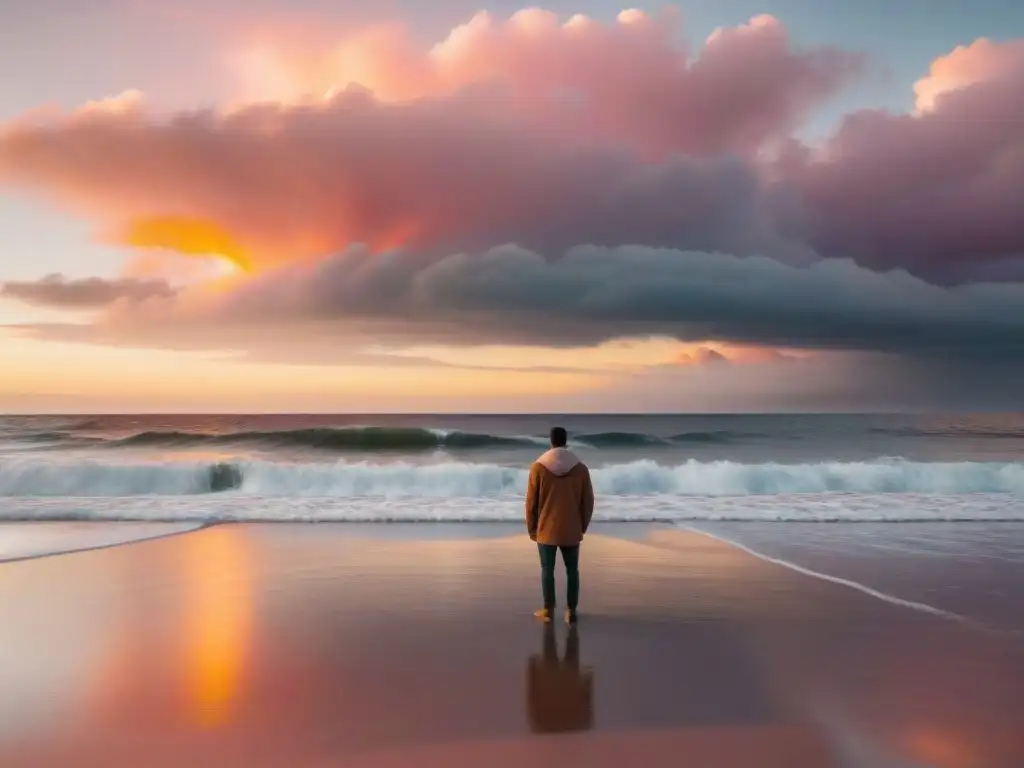 Persona en playa uruguaya, mirando al mar con autoaceptación al atardecer