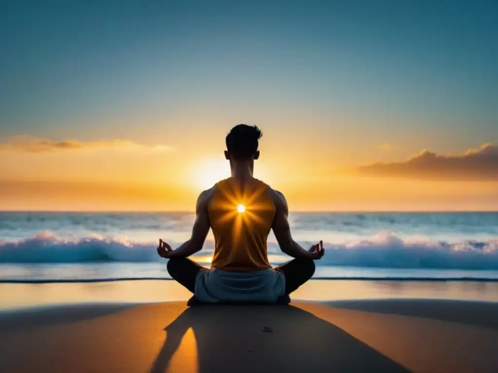 Persona meditando al amanecer en la playa de Uruguay con el mar reflejando el cielo dorado, transmitiendo paz