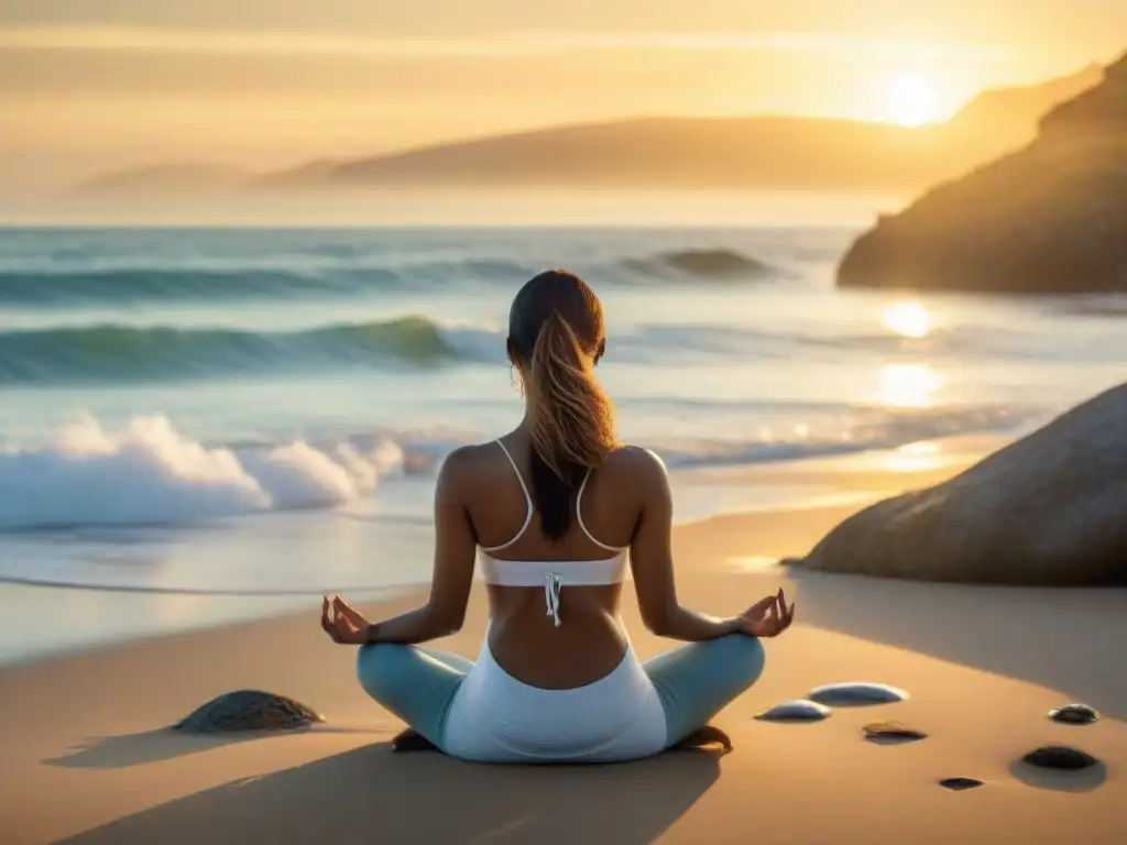 Persona meditando en playa al amanecer en Uruguay, con olas calmadas y luz dorada, invita a cursos online espiritualidad Uruguay