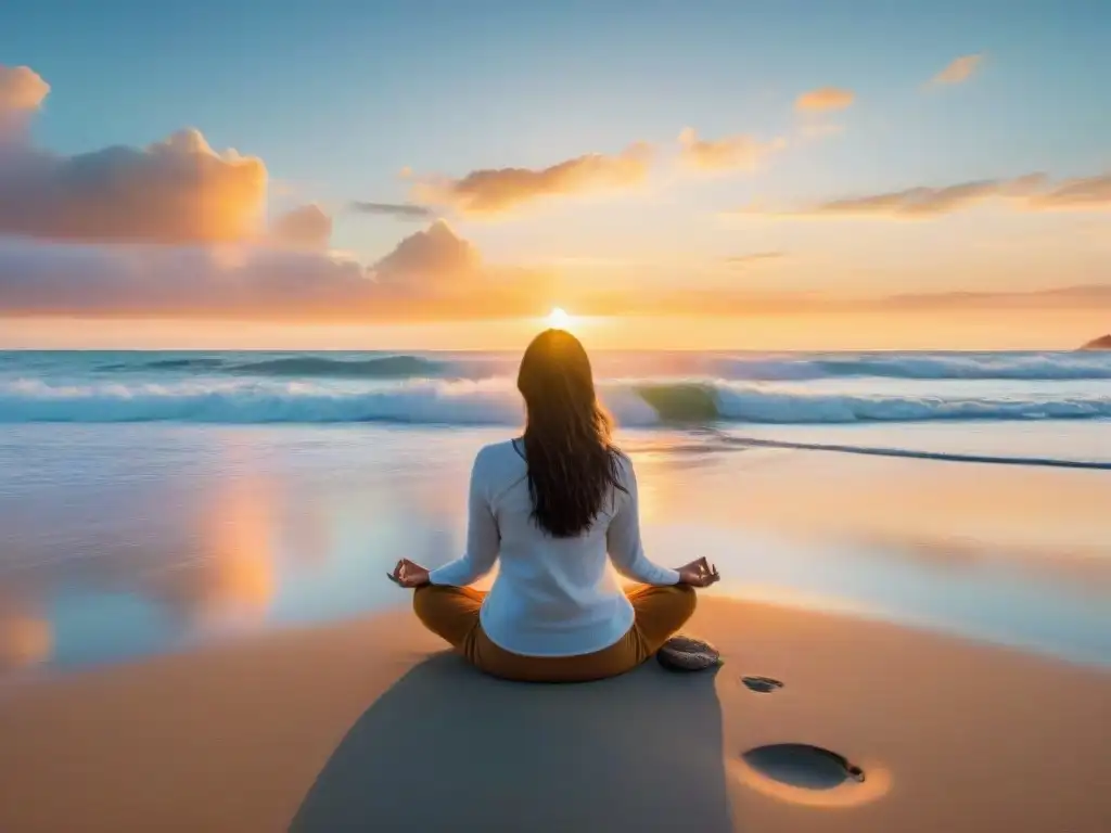 Persona meditando en playa de Uruguay, con olas suaves, atardecer colorido y paz interior