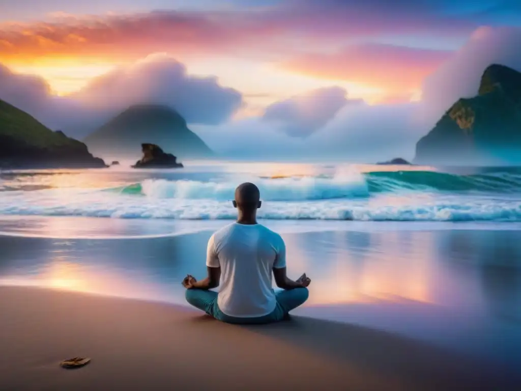 Persona en meditación al amanecer en la playa, con olas suaves y cielo colorido reflejado en el agua