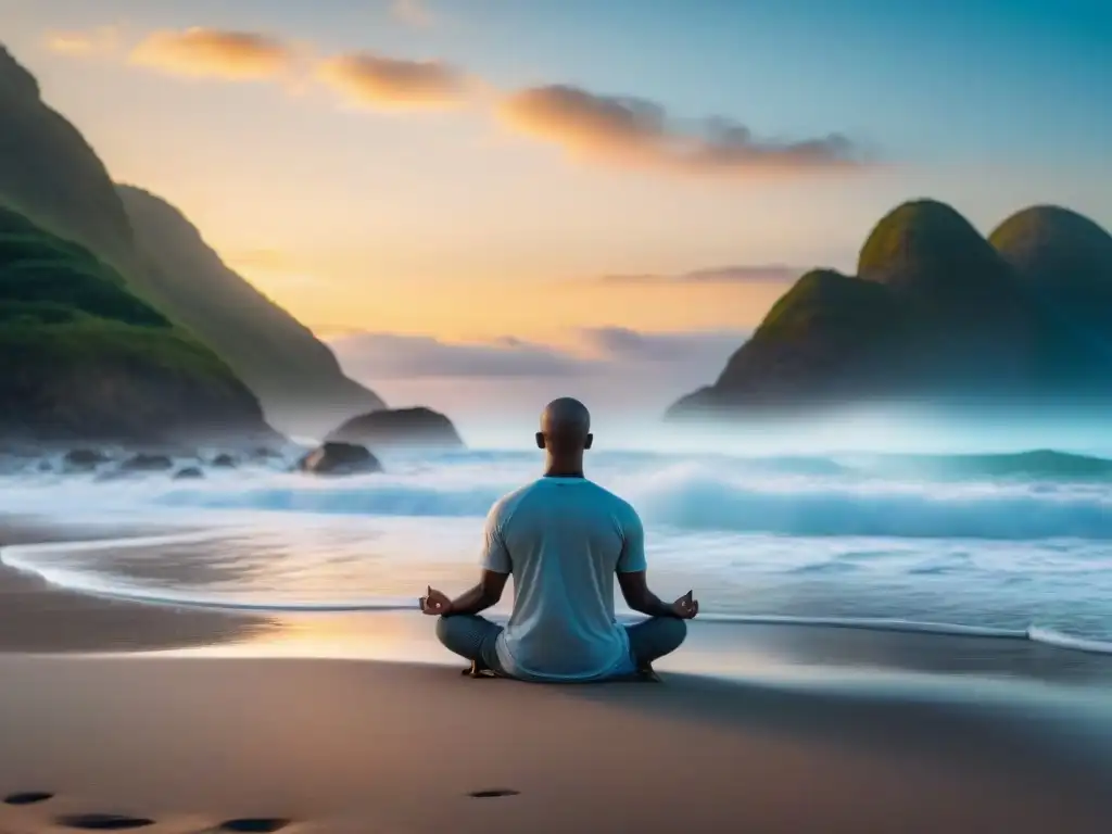 Persona meditando en la playa al amanecer, olas suaves, cielo colorido