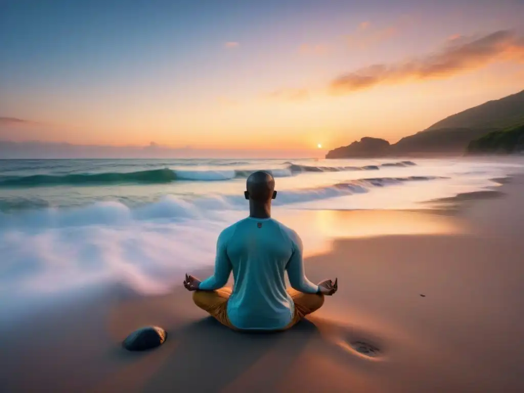 Persona meditando en una playa al amanecer con olas suaves y un cielo colorido, transmitiendo tranquilidad y mindfulness