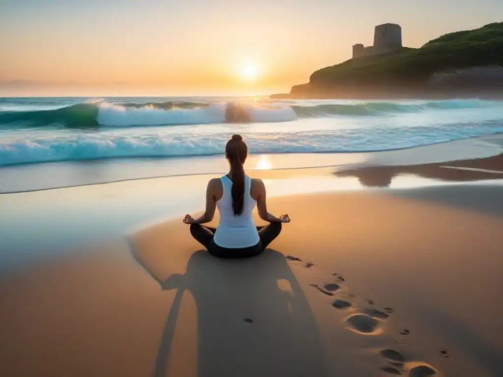 Persona meditando al amanecer en la playa de Uruguay, con olas suaves y sol brillante