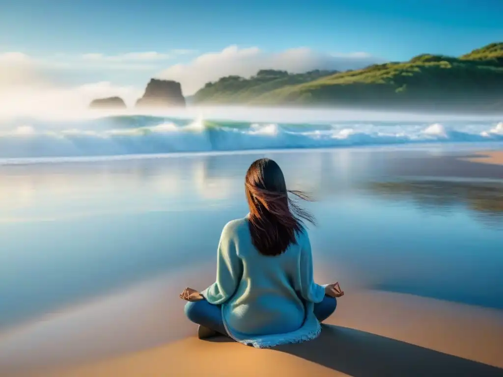 Persona meditando en la playa de Uruguay, transmitiendo paz y bienestar