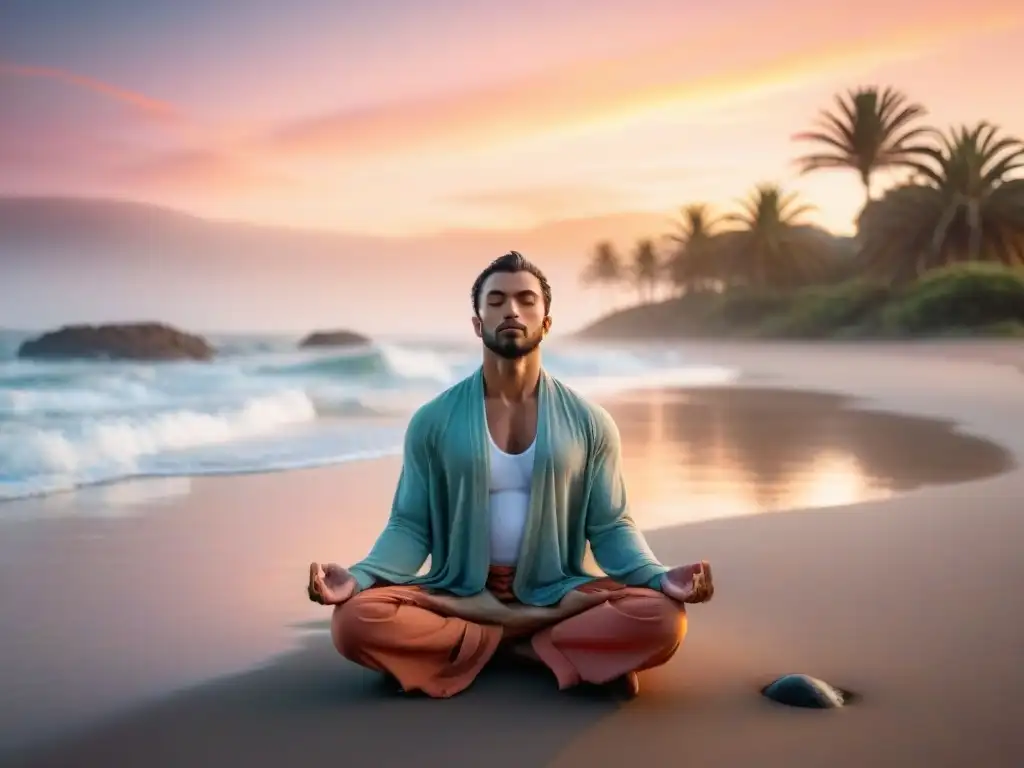 Persona meditando en una playa de Uruguay al amanecer, transmitiendo paz y tranquilidad