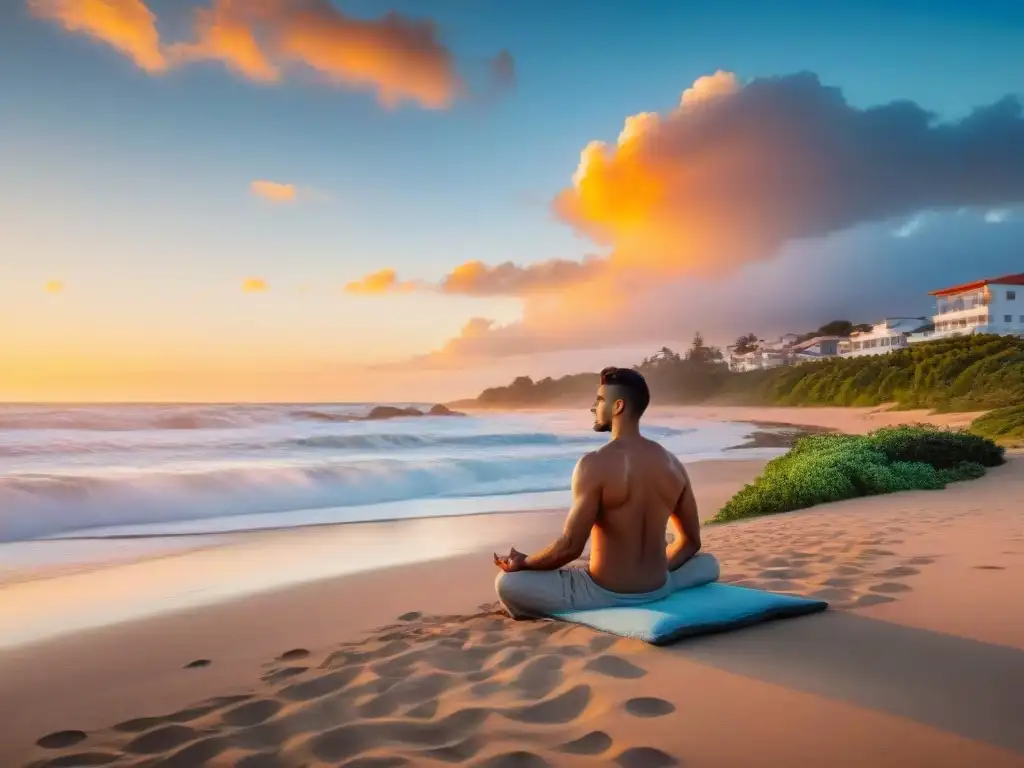 Persona meditando en playa de Punta del Este al atardecer, reflejando armonía y tranquilidad con impacto de aplicaciones de meditación en Uruguay