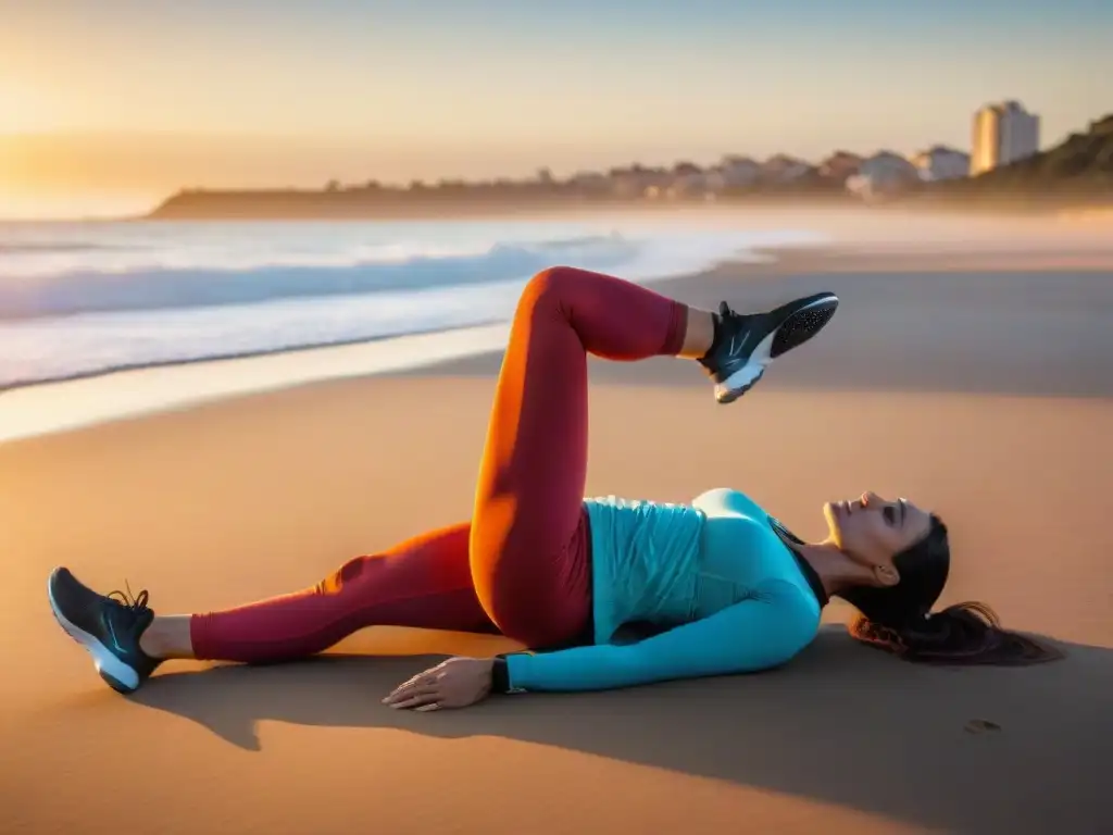 Persona estirándose en la playa de Punta del Este al atardecer, luciendo ropa deportiva brillante