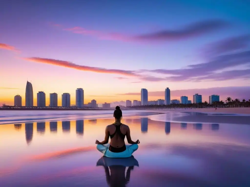 Persona meditando al amanecer en la Playa Ramírez de Montevideo, reflejos de colores en el mar, palmeras y ciudad despertando