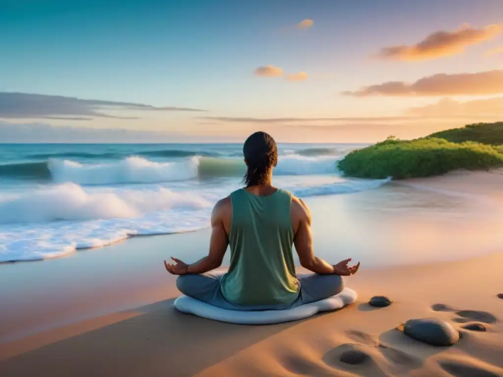 Persona meditando en la playa de Uruguay, rodeada de naturaleza, bajo un atardecer colorido