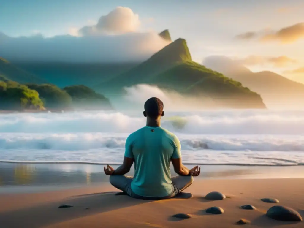 Persona meditando al amanecer en playa uruguaya, rodeada de naturaleza, reflejos vibrantes en el agua y cielo colorido