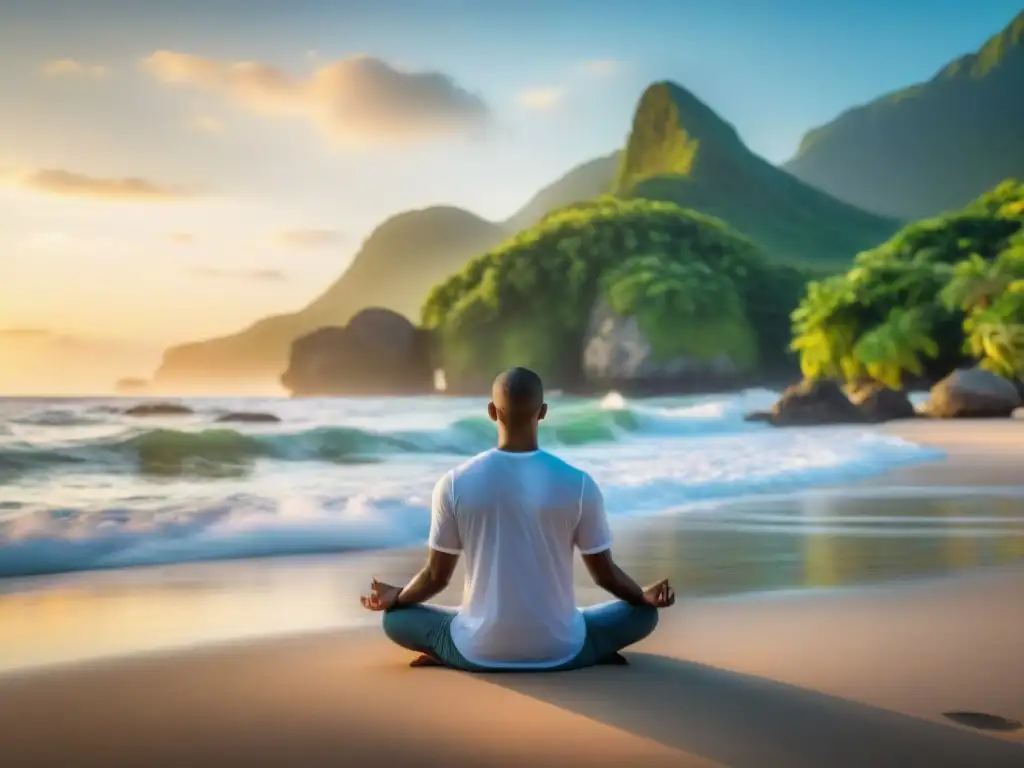 Persona meditando al amanecer en la playa, rodeada de naturaleza, promoviendo la paz interior con apps de meditación en Uruguay