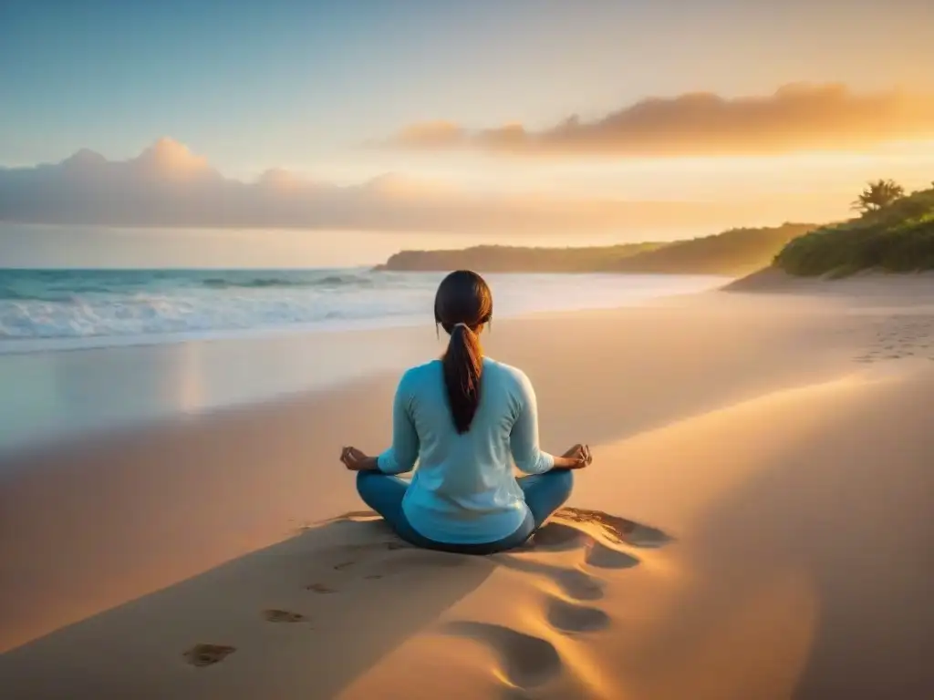 Persona practicando mindfulness en playa de Uruguay, rodeada de vegetación y olas tranquilas