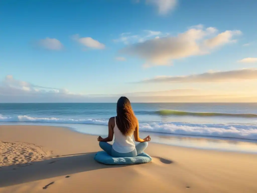 Persona meditando en la playa de Uruguay, rodeada de paz y luz dorada