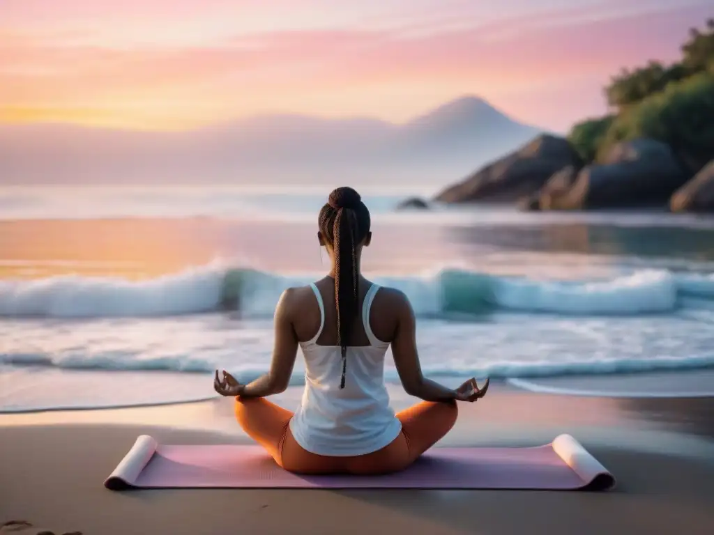 Persona meditando en la playa al amanecer, transmitiendo serenidad y paz interior