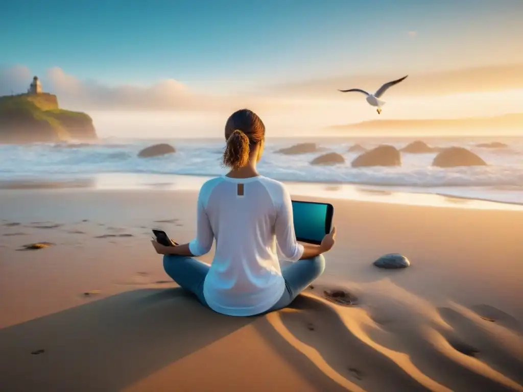 Persona meditando en la playa uruguaya al amanecer con smartphone y app de mindfulness, integrando tecnología y naturaleza para bienestar integral