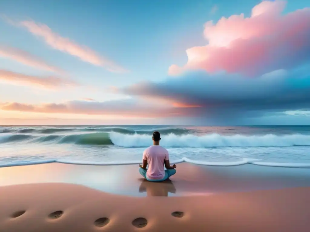 Persona meditando en la playa de Uruguay al amanecer, con smartphone y Apps de meditación en Uruguay