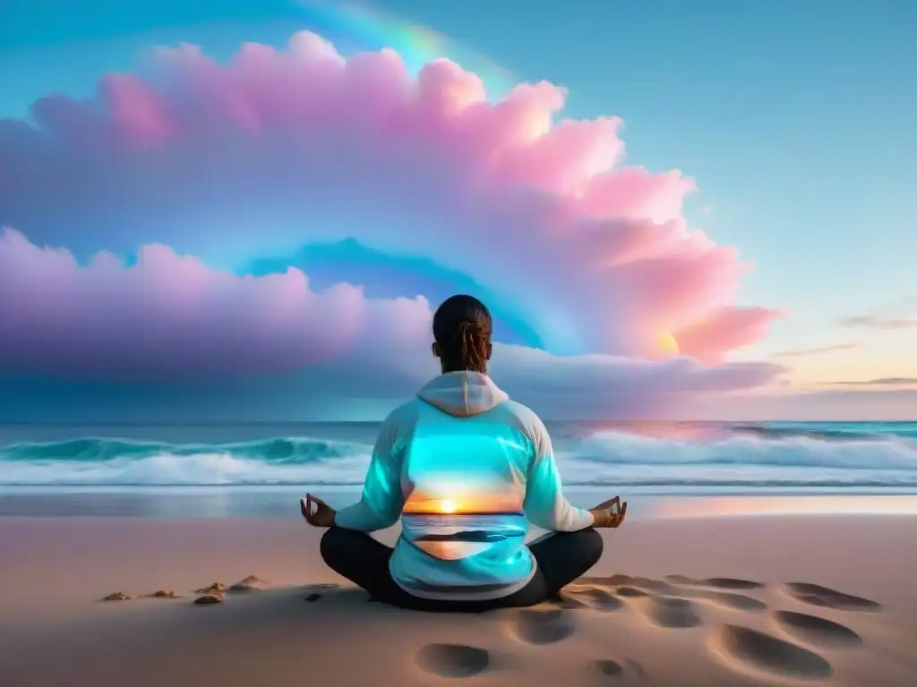 Persona meditando en playa uruguaya al amanecer entre tecnología holográfica y paisaje tranquilo