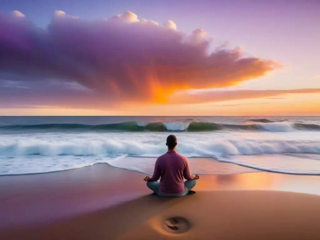 Persona meditando en una playa tranquila de Uruguay al atardecer, transmitiendo paz interior y conexión con la naturaleza