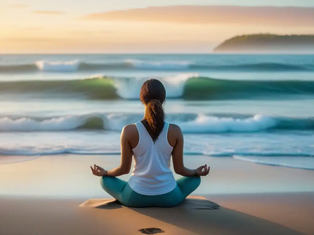 Persona meditando en una playa tranquila de Uruguay al atardecer, rodeada de naturaleza y paz