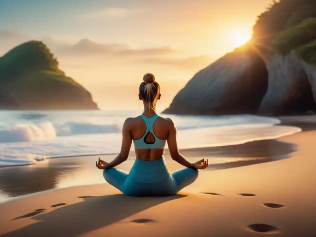 Una persona practica yoga al amanecer en una playa tranquila, transmitiendo equilibrio y conexión con la naturaleza