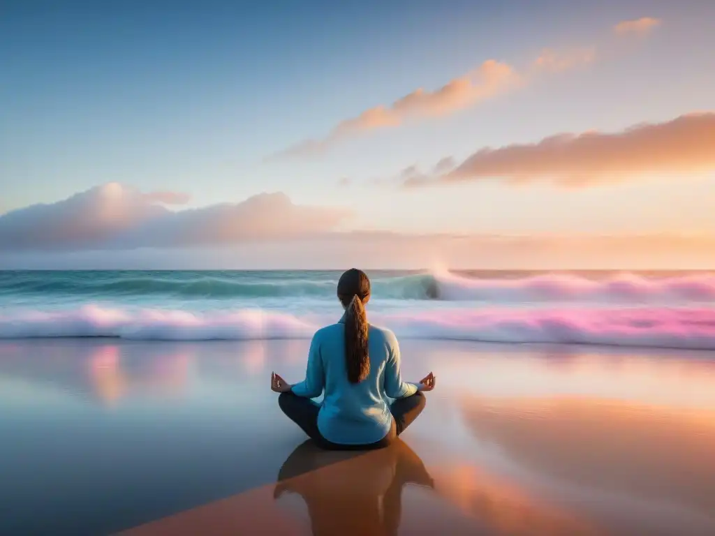 Persona meditando al amanecer en una playa tranquila de Uruguay, con olas suaves y el cálido sol matutino