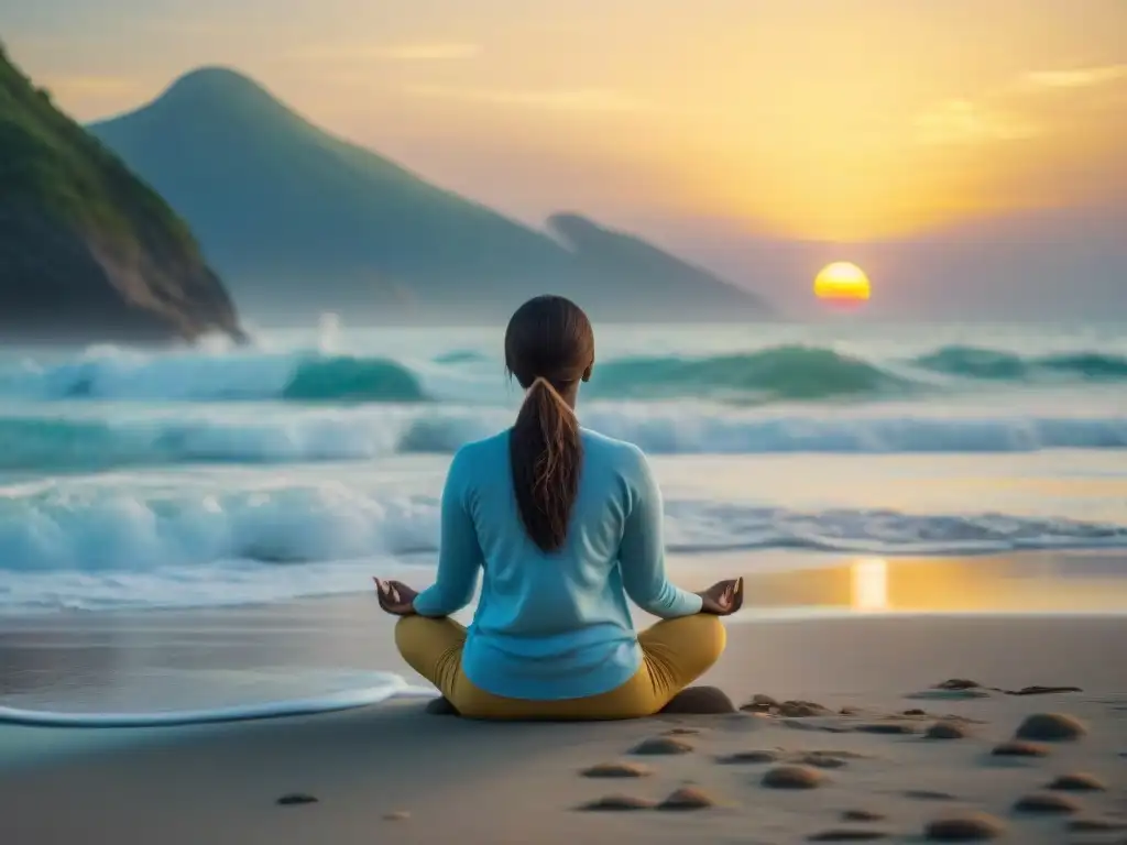 Persona meditando al amanecer en la playa, reflejando tranquilidad y paz