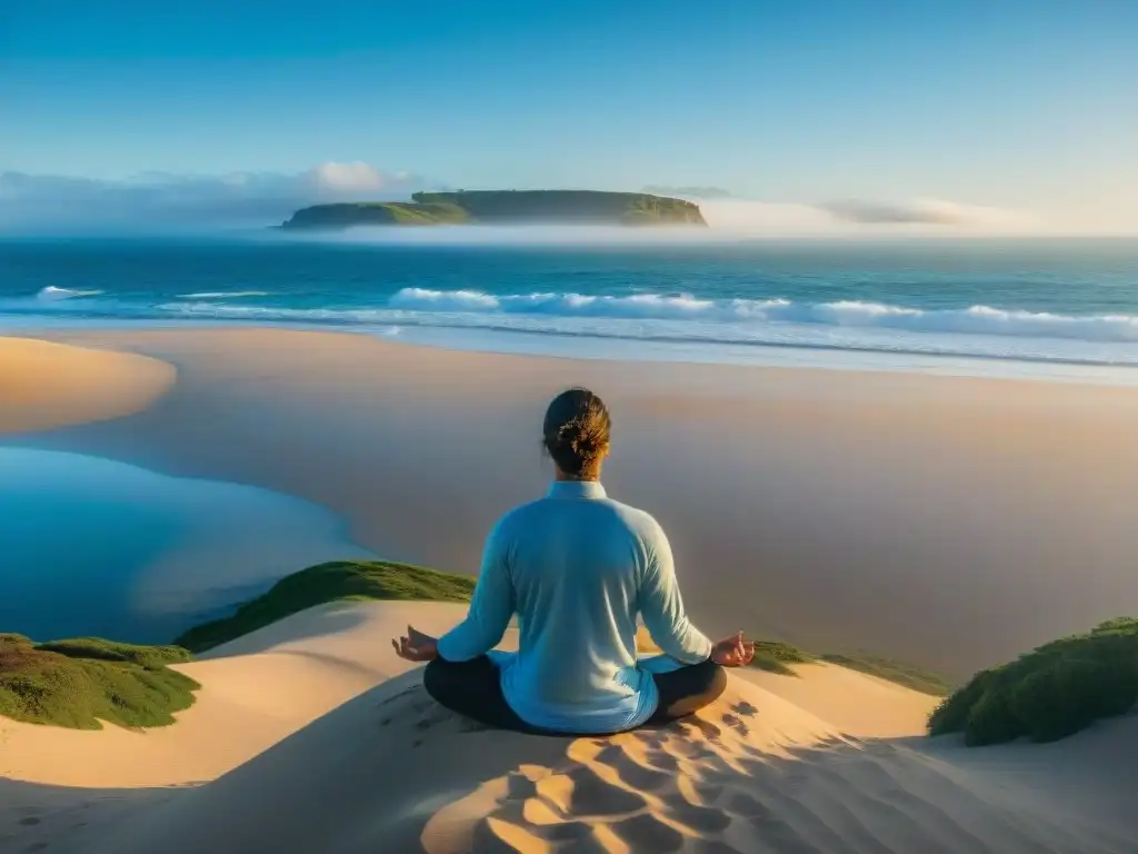 Persona meditando en playa uruguaya, transmitiendo calma