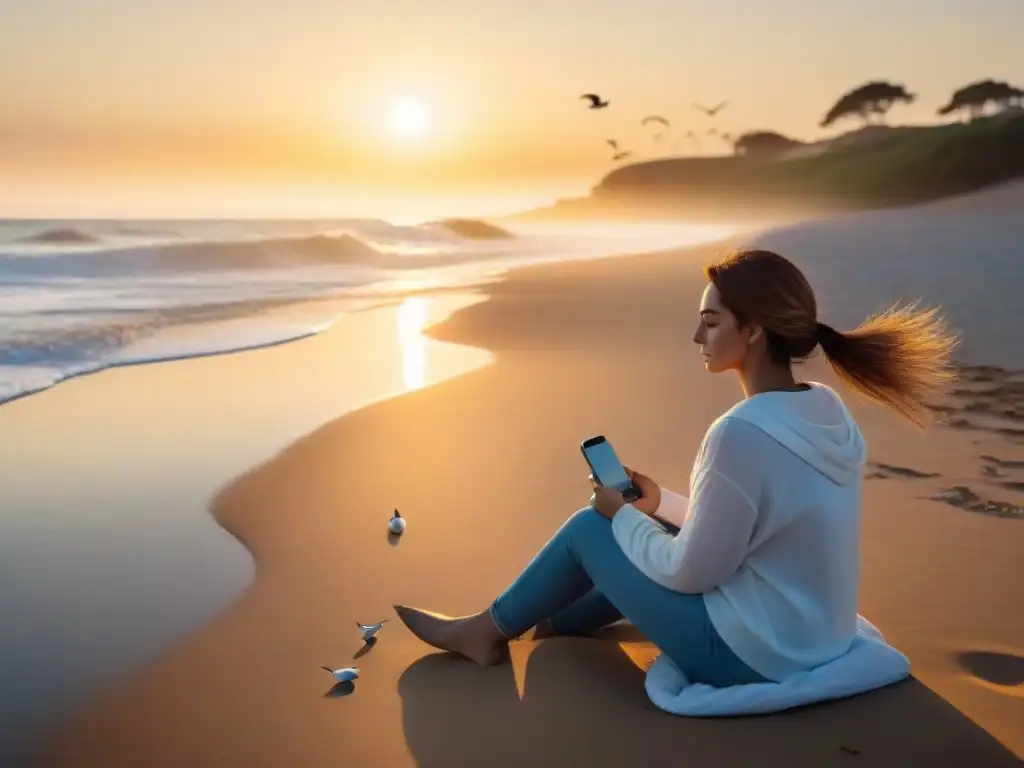 Persona en playa uruguaya reduciendo dependencia móvil, disfrutando de la tranquilidad del atardecer y el mar