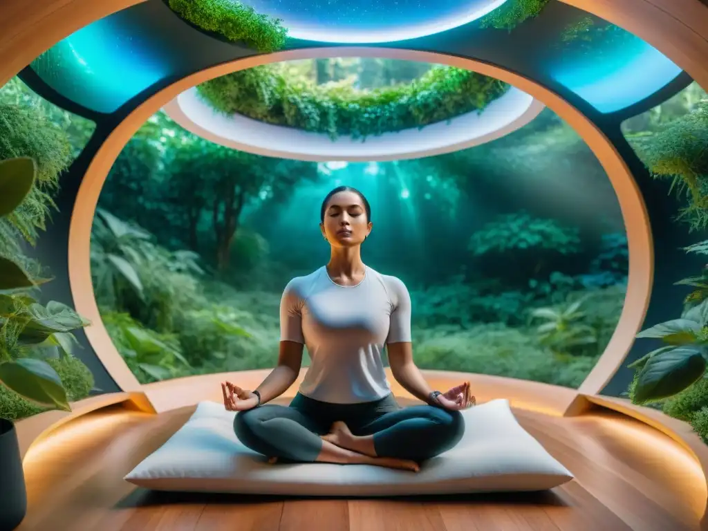 Persona meditando en pod tecnológico entre naturaleza en Uruguay: Beneficios meditación tecnología bienestar Uruguay