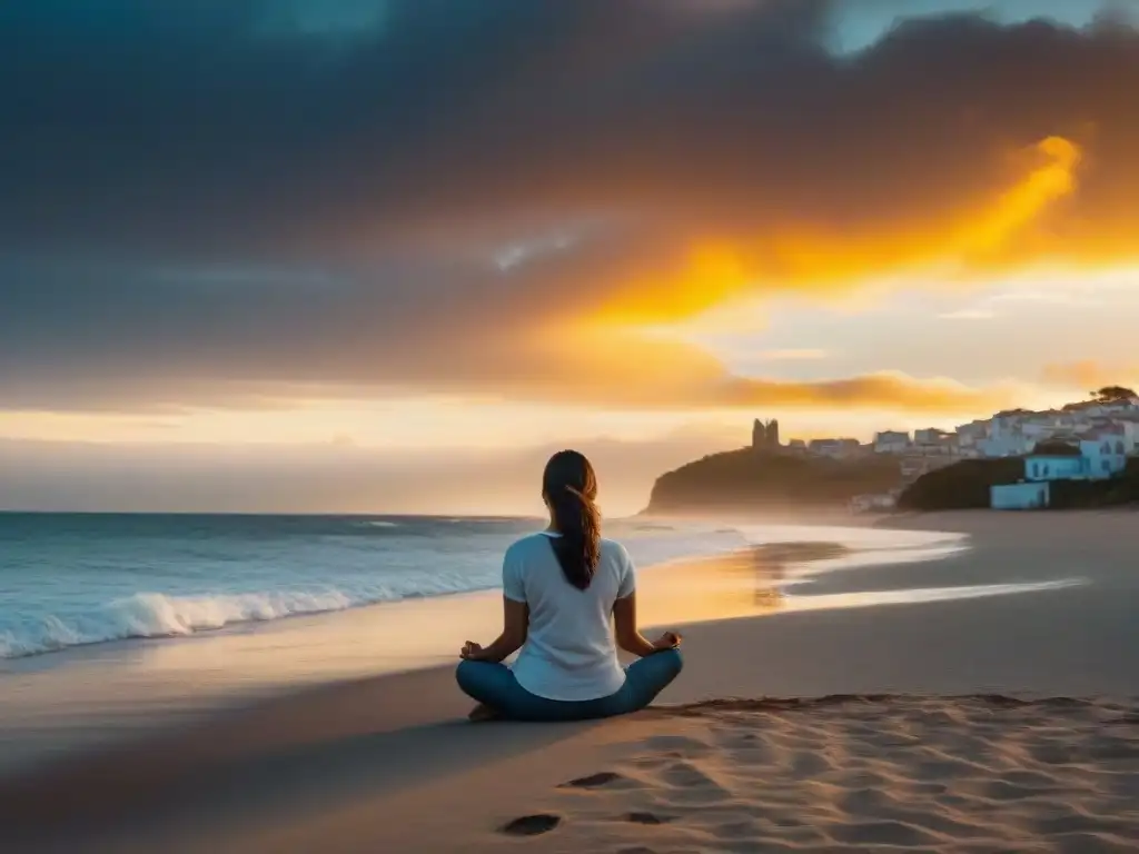 Persona en postura de loto en la playa de Uruguay al atardecer, transmitiendo paz y conexión con la naturaleza