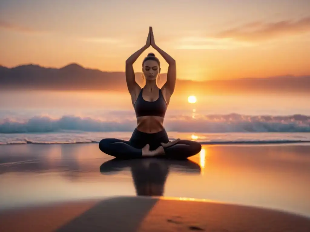 Persona en postura de yoga al amanecer en la playa de Rocha, conectando con la paz y la naturaleza