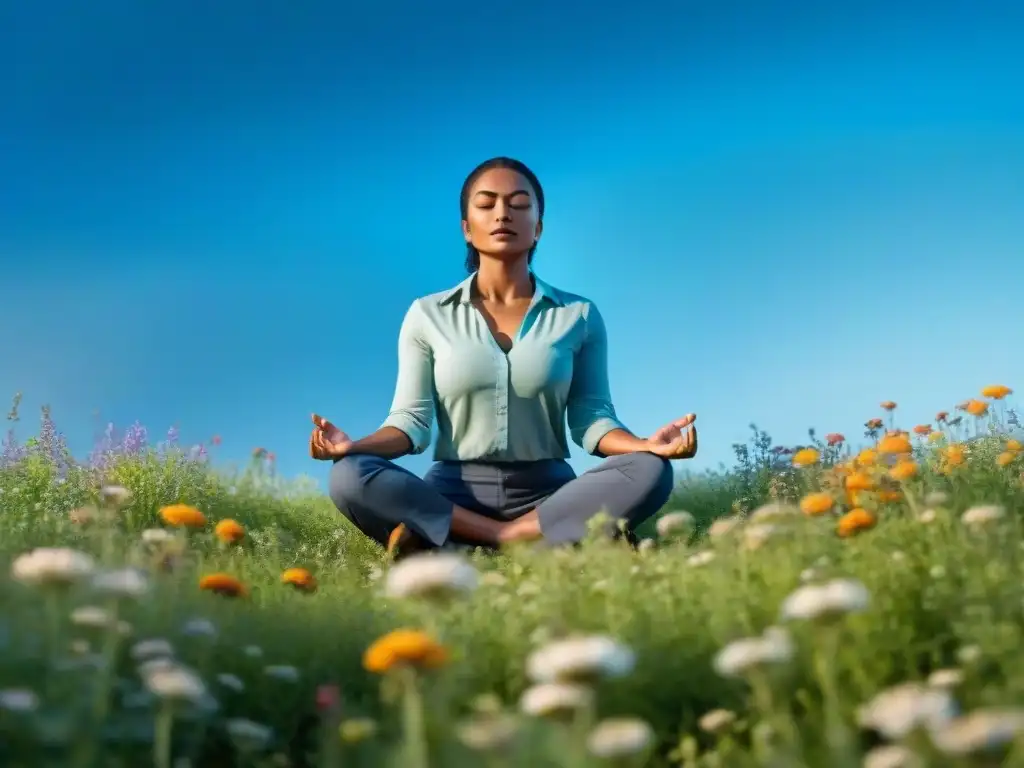 Persona meditando en pradera verde con flores, cielo azul