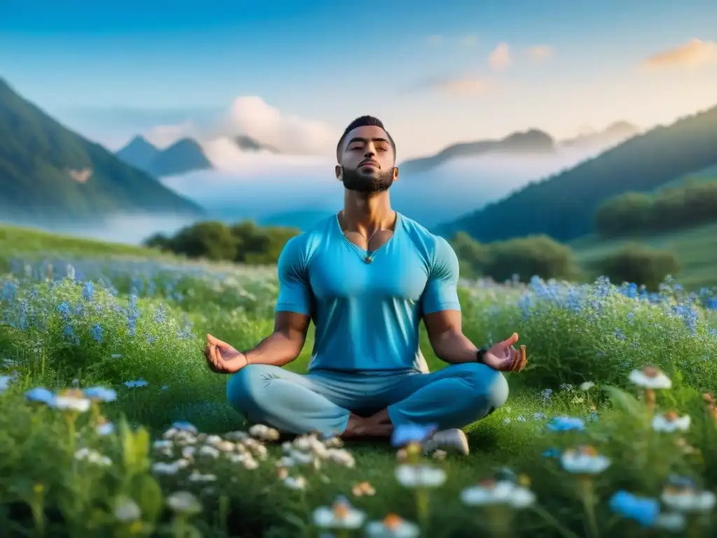 Persona meditando en prado con flores, cielo azul y app de meditación