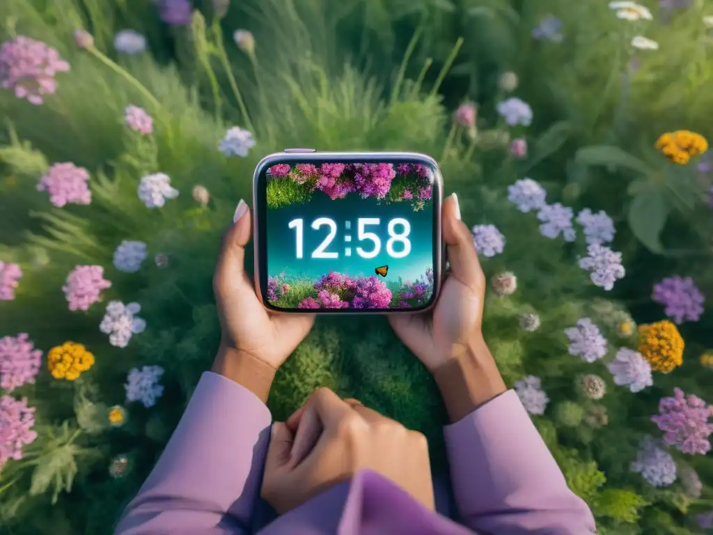 Persona en prado con flores, reloj digital derretido en smartphone, cielo púrpura y rosa