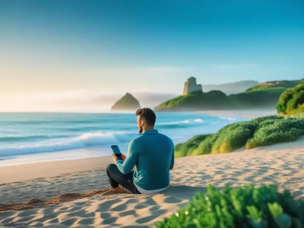 Persona usando saludablemente redes sociales en la playa de Uruguay, con expresión serena y entorno natural