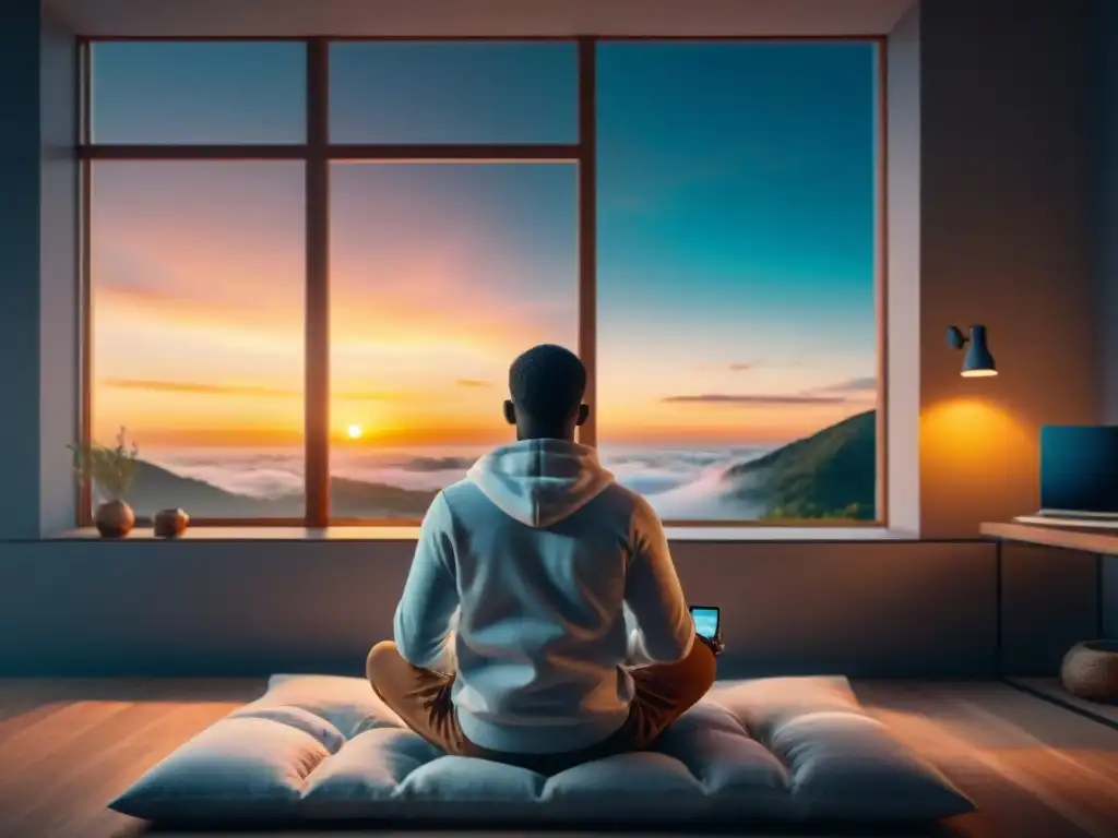 Persona reflexiva en habitación minimalista con tecnología, mirando al atardecer