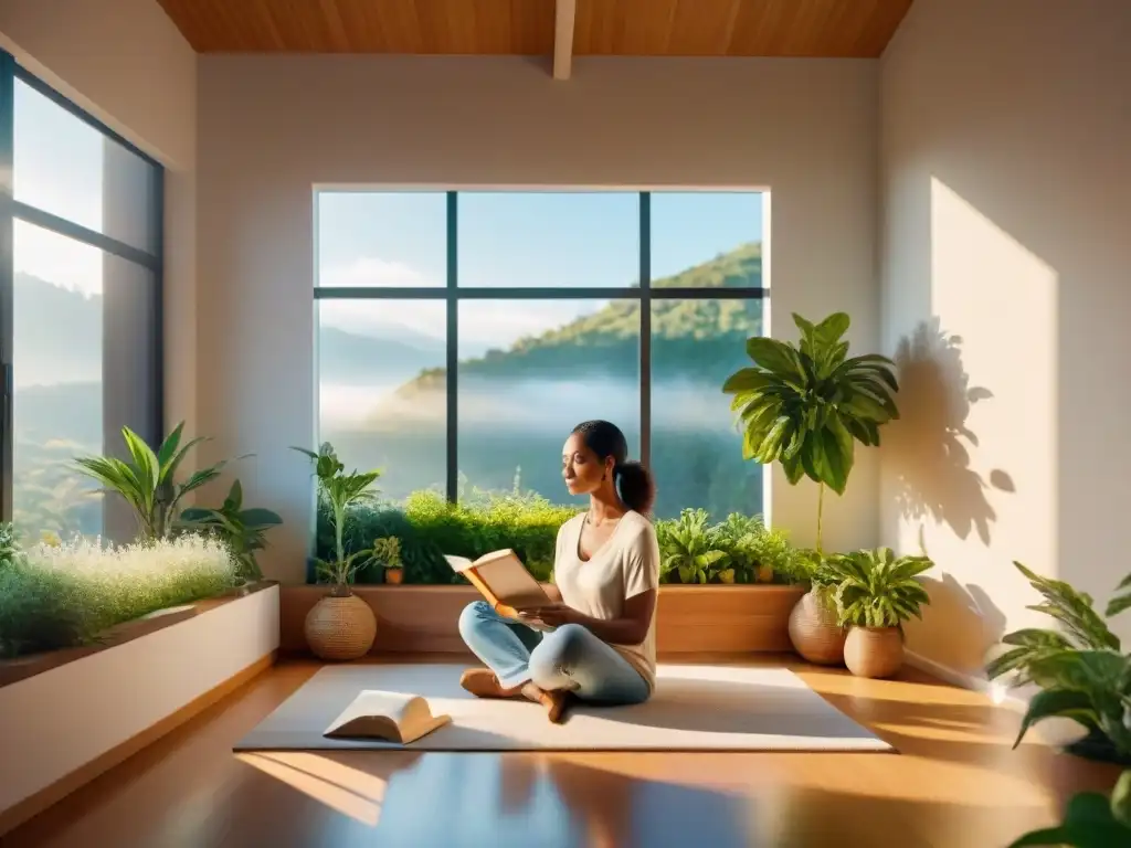 Persona relajada leyendo junto a ventana soleada, rodeada de plantas