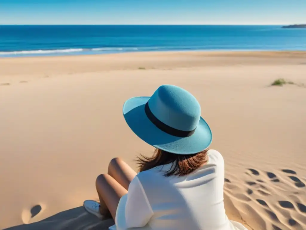 Una persona relajada en una playa de Punta del Este, Uruguay, con cielo azul y océano brillante, disfrutando de agua fresca